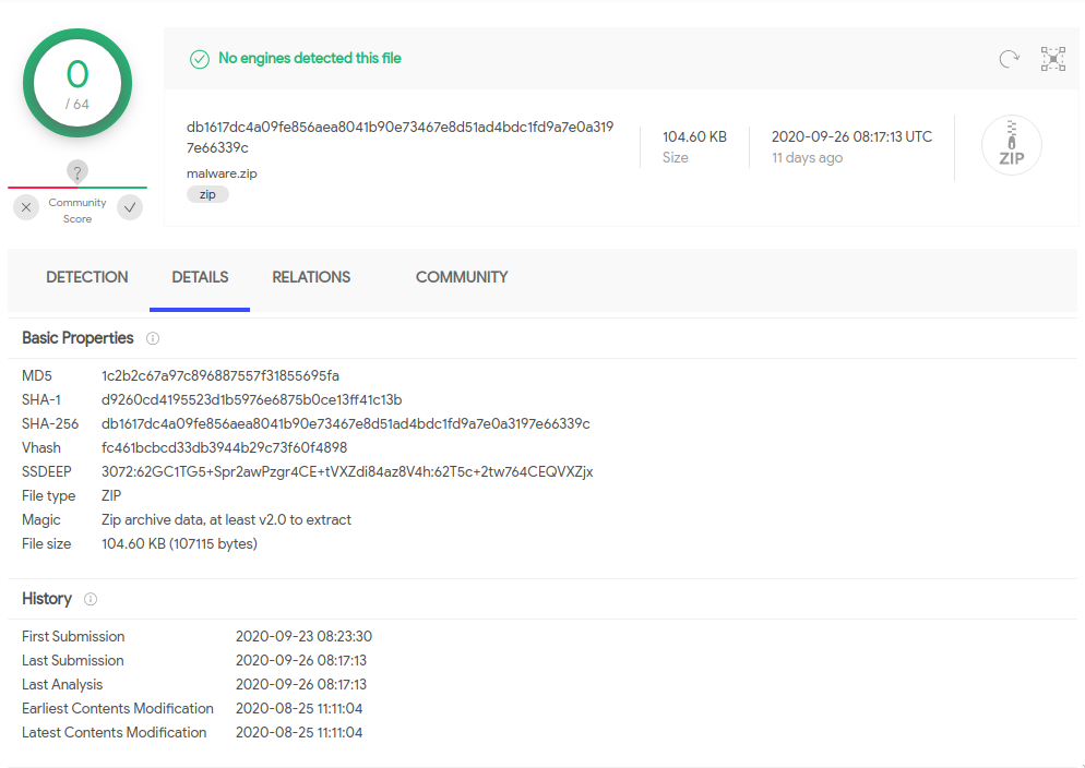 malware.zip on VirusTotal