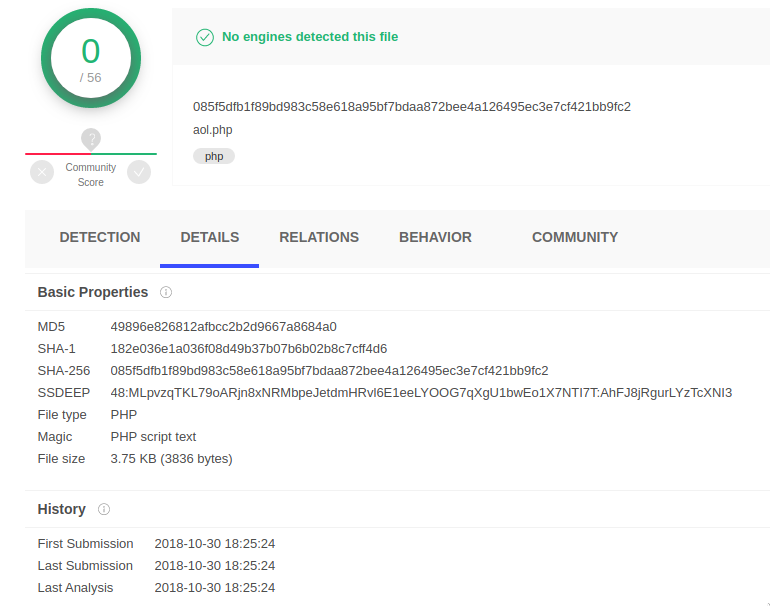 VirusTotal findings for php file